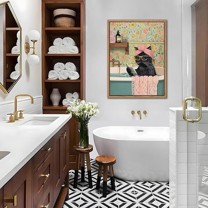 Floating Framed Bathroom Cat Canvas Wall Art, Funny Black Cat Reading Wall Decor, Cute Animal Prints Pictures Posters for Living Room Bedroom Toilet Kids Room Paintings 12x16 inch