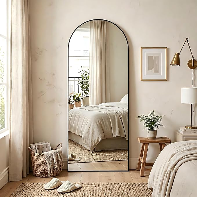 MISSDAY 64"x24" Arched Full Length Mirror, Full Body Mirror with Stand, Floor Mirror Long Free Standing, Leaning or Hanging, Aluminum Thin Frame Wall-Mounted Mirrors Wall Mirrors for Bedroom, Black
