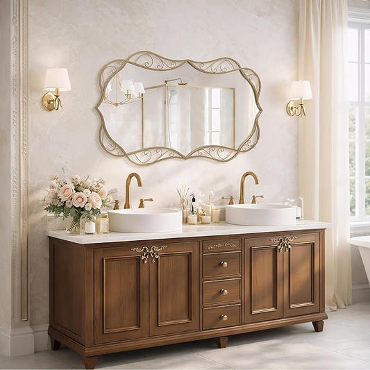 Besdomus Bathroom Gold Large Mirror: 30"x48" Scalloped Modern Brass Gold Wall Mounted Mirror - Farmhouse Vanity Mirror Vertical or Horizontal Hanging - Home Decor for Entryway/Fireplace/Bathroom
