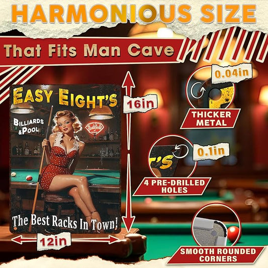 Retro Pin Up Girl Metal Sign Easy Eight's Vintage Man Cave Wall Art for Garage, Bar & Game Room 12x16 Inch Tin Poster
