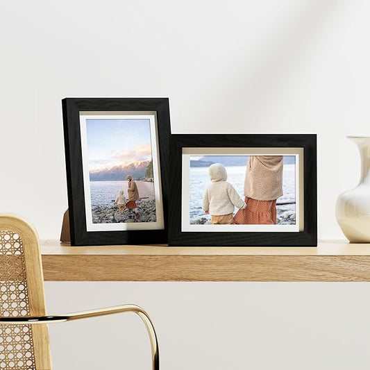 Vittanly 5x7 Picture Frames Set of 9, Display 4x6 Pictures with Mat or 5x7 without Mat, Photo Frames for Wall or Tabletop with Plexiglass, Engineered Wood, Black&Brown&Dark Grey