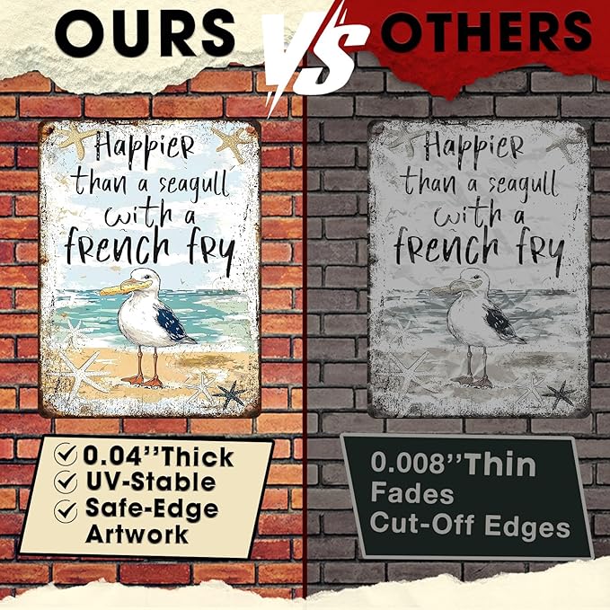 Seagull Vintage Tin Sign Seagull with French Fry Metal Tin Sign Beach Decor Beach Decor for Bedroom Pool Decorations Outdoor 12x16inch
