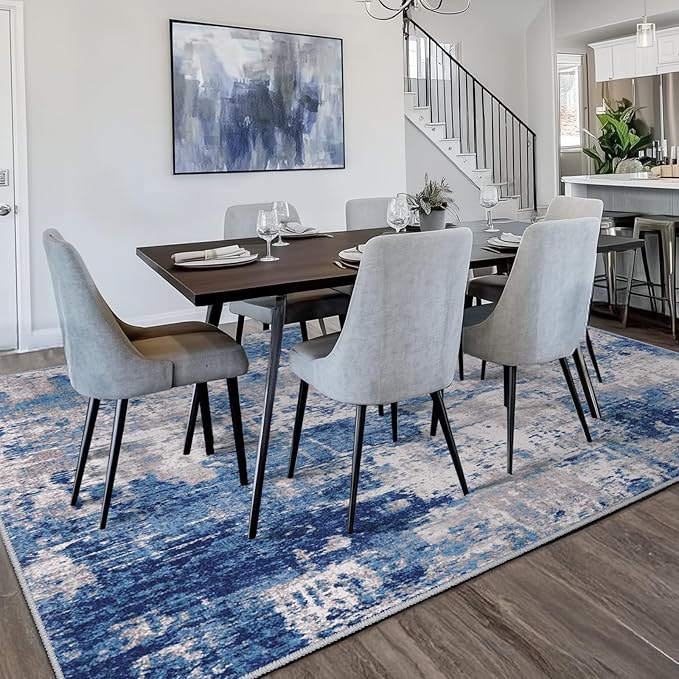 RELEANY Washable Area Rugs 3'x5' Non-Slip Modern Abstract Soft for Living Room Entryway Bedroom Nursery, Print Pattern, Blue Grey Navy Gray