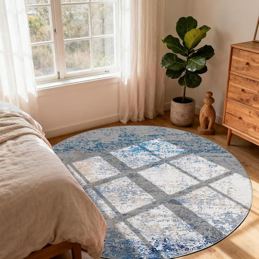 ROYHOME Modern Abstract 4x4 Round Area Rug Non Slip Non Shedding Rug Low Pile Stain Resistant for Bedroom Living Room Office Dining Room,Blue/Grey