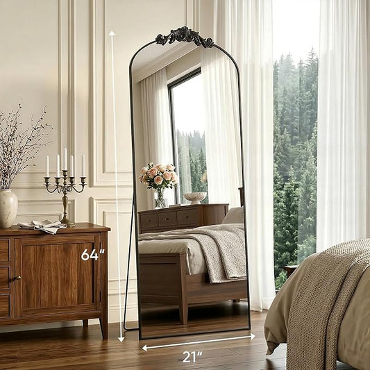Antok Arched Full Length Mirror, 64"x21" Floor Mirror with Carved, Full Body Mirrors for HomeDecor, Standing/Halling Large Wall Mirror for Bedroom, Living Room, Cloakroom, Black, Vintage Style