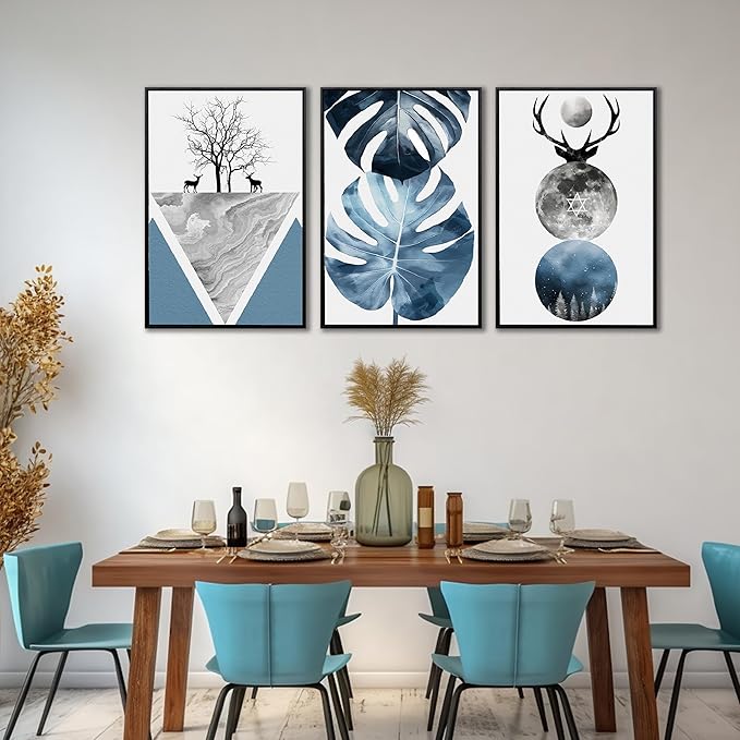 Boho Canvas Wall Art Set of 3 with Black Frame, Abstract Minimalismt Bohemian Deer & Tropical Leaf Pictures Prints Artwork Paintings Wall Decor for Bedroom Living Room Home Decoration 24x36 inches
