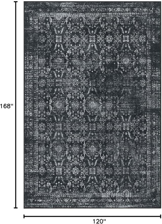 Rugxara 10x14 Area Rugs for Living Room Bedroom, Large Washable Rug, Black Vintage Floral Boho Rug, Non Slip & Low Pile Faux Wool Thin Carpet for Indoor Dining Room and Kids Room(Black 10x14ft)