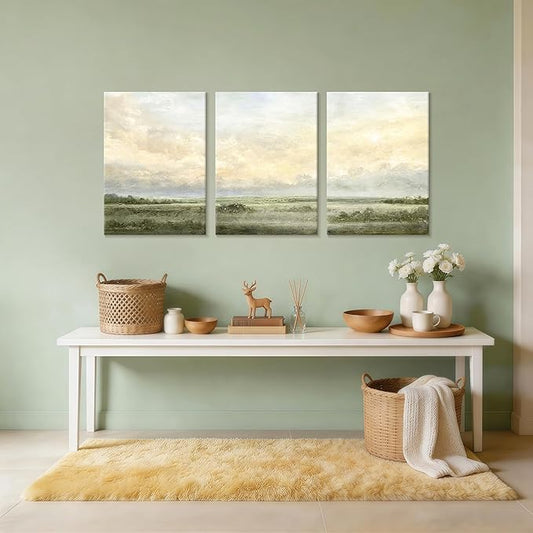 WENGTIAO Sage Green Wall Art Prints Set of 3 Abstract Landscape Canvas Paintings Nature Rustic Scenery Pictures Photos Minimalist Artwork Home Decor for Living Room Bedroom Office 16”x24”x3