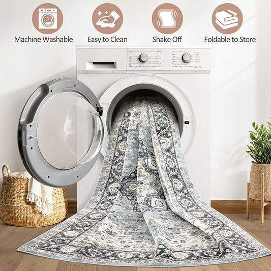 7x9 Area Rug Living Room: Washable Boho Large Neutral Vintage Soft Rugs Stain Resistant Farmhouse Non-Slip Indoor Floor Carpet for Bedroom Nursery Kids Playroom Office Dining Room- Blue Tan