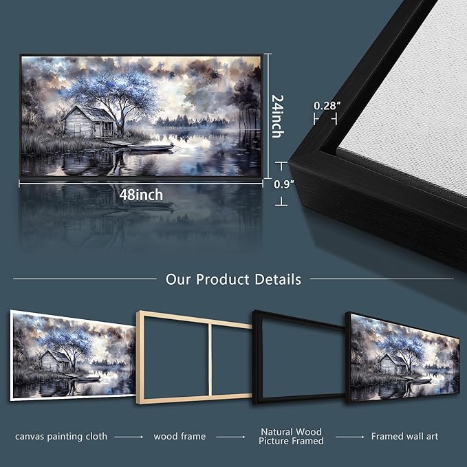 ERQINHUA Large Wall Art For Living Room Canvas Home Wall Decor For Office Bedroom Dining Room Wall Pictures Blue Tree Lakeside Landscape Painting Modern Art Print Beach Posters 24"x48" Black Frame