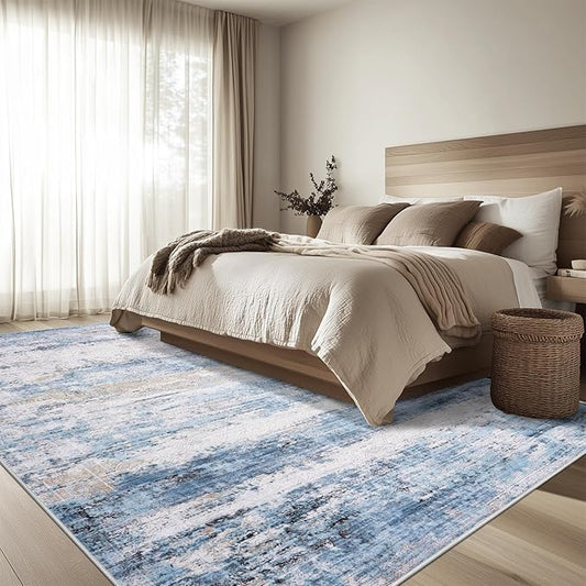 5x7 Area Rug Living Room Rugs - Washable Rug Large Modern Abstract Soft Thin Carpets Indoor Floor No Slip Vintage Carpet for Bedroom Under Dining Table Nursery Home Office Decor Blue