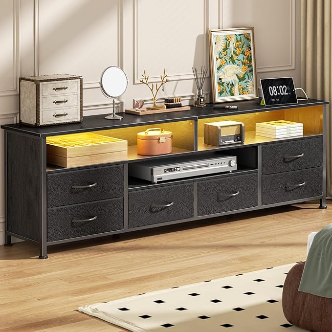Furologee 63 Inch Entertainment Center Dresser for Bedroom, TV Stand for 65 70 Inch TVs, 6 Drawers Dresser with Power Outlets and LED Lights, Media Console with PU Leather Surface for Living Room