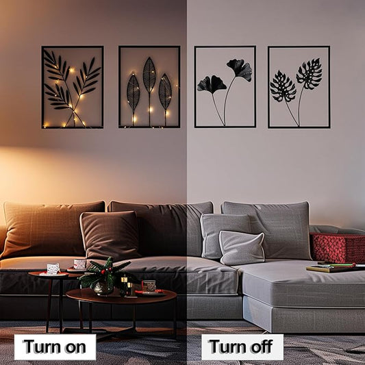 QXSXKJ Black Metal Wall Decor Framed, 3d Modern Metal Wall Art with Light, Minimalist Abstract Black Line Art DéCor, 4 Piece Home Art for Living Room Bedroom Bathroom