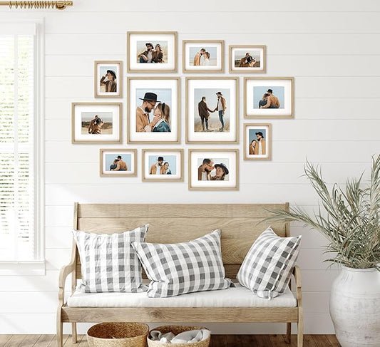 12 Pack Shadow Box Style Gallery Wall Frame Set - Rustic Photo Frame Set with Mat for 8x10, 5x7 and 4x6 - Multiple Sizes Picture Frame Set for Wall Collage–Farmhouse Assorted Deep Picture Frames(Oak)