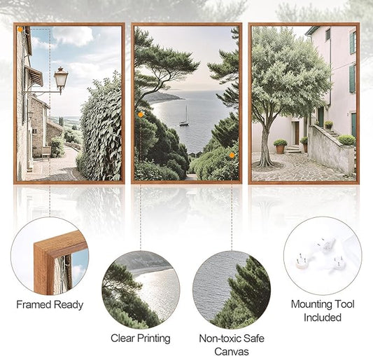 Aurlan Neutral Italy Cityscape Gallery Framed Wall Art(16"x24"), 3PCS Vintage Mediterranean Countryside Landscape Canvas Artwork, Large Town Coast Streets Travel Decor Prints for Office Home