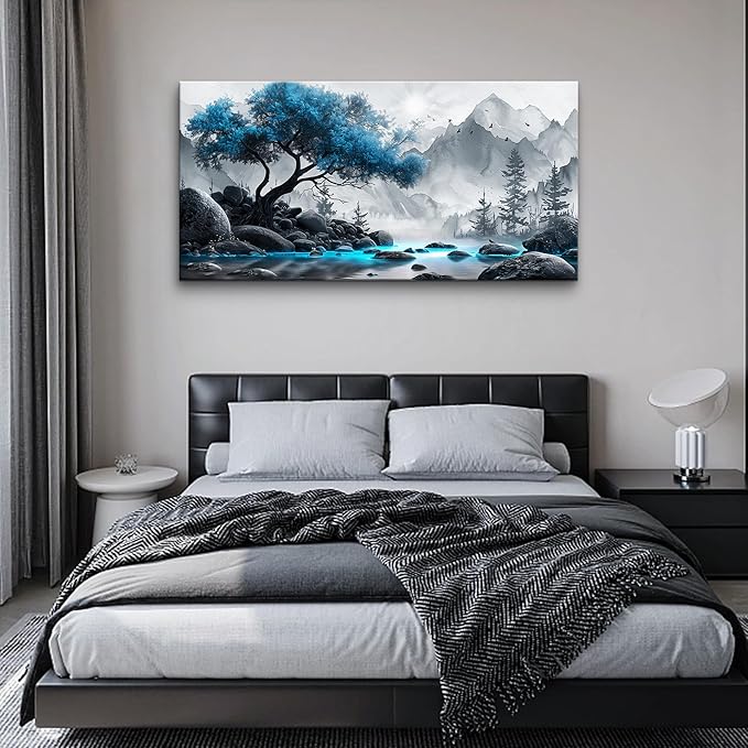 Lapremoly Black And White Wall Painting Canvas Art For Living Room, Office, Bedroom - Blue Tree Landscape Pictures - Hotel Artwork Posters - Family Home Wall Decoration