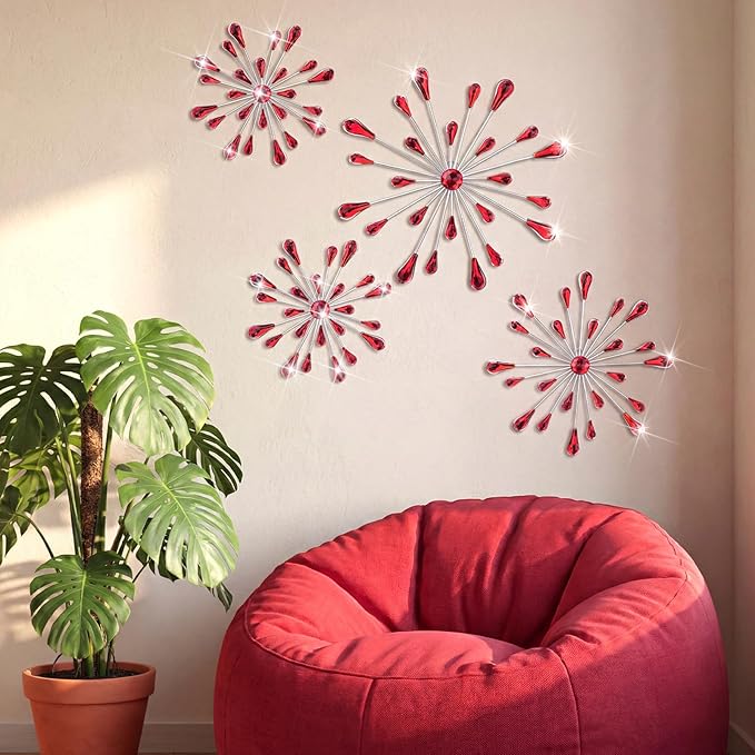 Hicarer 4 Pcs Starburst Wall Decor Bling Wall Art Crystal Teardrop 3D Hanging Rhinestone Radial Metal Artwork Modern Accent Sculptures Decorations for Living Room Home Office Bedroom (Red)