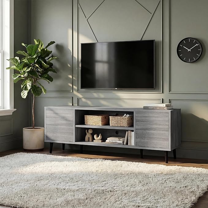 YESHOMY Mid-Century Modern TV Stand for 43-55 Inch TVs, 50 Inch Entertainment Center with Storage, Media Console with Push-to-Open Doors and Cable Management for Living Room, Bedroom (Light Gray)