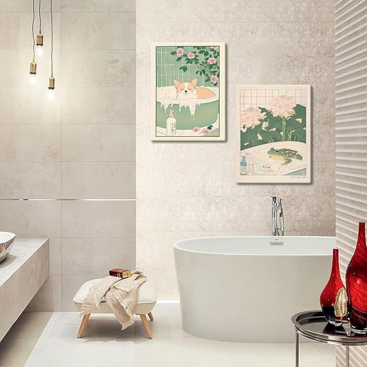 Framed Japanese Bathroom Wall Art Set of 2, Funny Japanese Bathroom Frog Dog Wall Decor, Nature Relaxation Canvas Prints Poster, Minimalist Aesthetic Home Spa Decor Picture 12x16 Inch