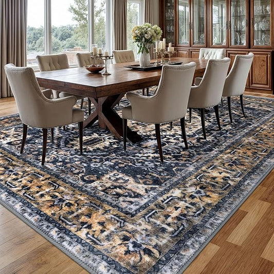 KOZYFLY Boho Area Rug 9x12 Ft Thin Rugs for Living Room Washable Bedroom Rug Non Slip Rugs for Living Room Gold/Orange/Navy Printed Faux Wool Vintage Bedroom Rug Floor Carpet