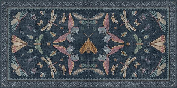 Dark Blue 2x4 Non Slip Bathroom Rug, Washable Vintage Boho Insect Carpet for Kitchen Floor, Entryway & Powder Room, Low Pile Indoor Aesthetic Rug