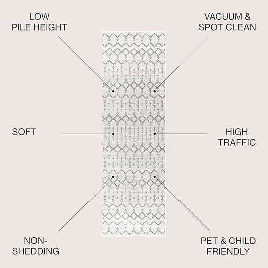 JONATHAN Y Boho Vintage Diamond Cream/Gray Runner Rug 2X14 ft, Moroccan Hype for Living Room, Bedroom, Kitchen, Office, Easy-Cleaning, High Traffic, Pet-Friendly, Non-Shedding (MOH101B-214)