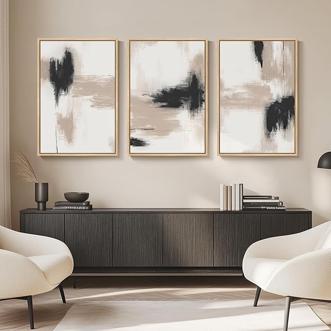 Large Framed Neutral Abstract Wall Art for Living Room, 3 Piece Modern Minimalist Canvas Prints Artwork for Walls, Extra Large Abstract Paintings for Dining Room Bedroom Hallway Wall Decor, 24x36 Inch