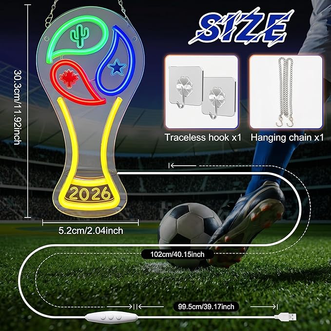 2026 Soccer World Cup Neon Sign for Wall Decor - Dimmable LED Neon Light with Hanging Chain & Hooks, Soccer Trophy Shape Light Up Sign for Bar, Game Room, Sports Fan Man Cave Party Decorations