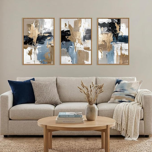 KAIRNE Blue and Gold Abstract Framed Canvas Wall Art Set,Minimalist Brush Strokes Wall Decor,Modern Textured Art Prints,Neutral Brown Black Artwork for Living Room,Bedroom,Farmhouse,Office-16 x24 x3