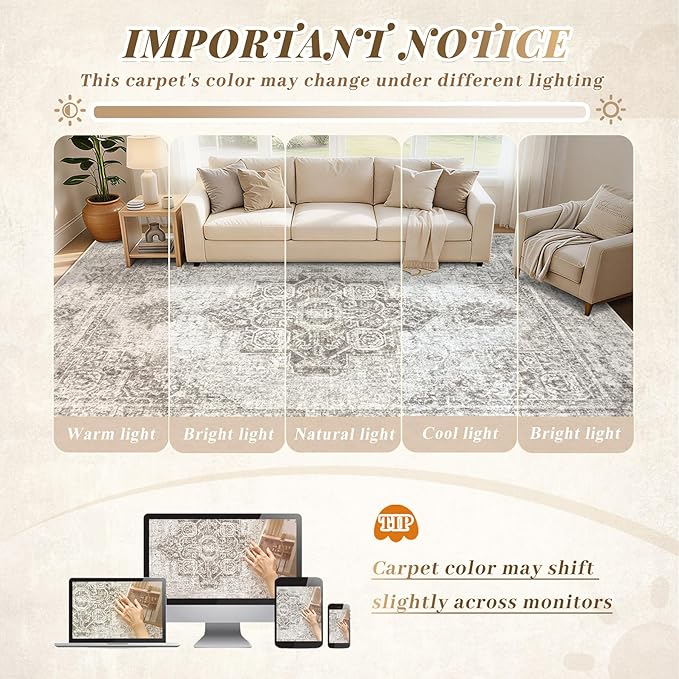 9x12 Area Rugs for Living Room, Washable Vintage Boho Medallion Rug Non Slip Low Pile Floor Carpet for Bedroom Dining Room Home Office (Taupe, 9'x12')