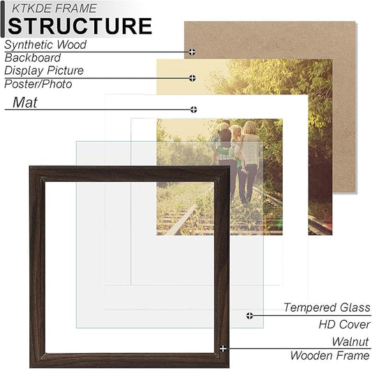 KTKDE 12x12 Picture Frame Real Glass, Display Pictures 8x8 with Mat or 12x12 Without Mat, Modern Style Wood Composite Frame,Gallery Wall Frame Wooden Walnut ,best gift