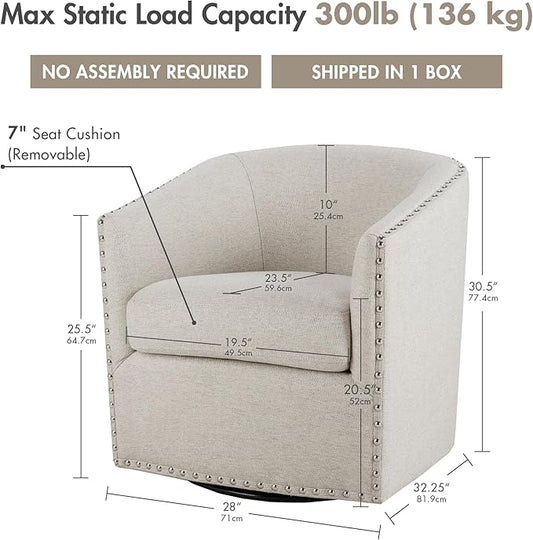 Madison Park Swivel Barrel Accent Chair, Upholstered Curved Back with 7-Inch Thick Woven Cushion, 360° Swivel, Nailhead Trim, Comfy Chair for Living Room, Bedroom, Office, 28" Wide, Neutral, Tyler