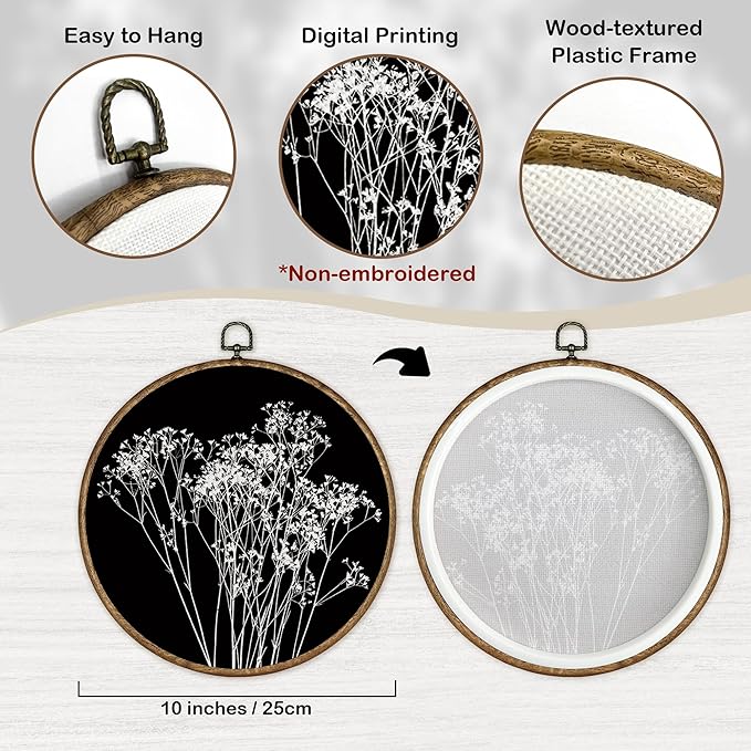 TLESKE Black Vintage Botanical Round Wall Art Decor Framed 10x10, Boho Fall Wildflower Floral Canvas Wall Art Prints Artwork, Rustic Wall Hanging Room Door Decor Decorations for Living Room Bedroom