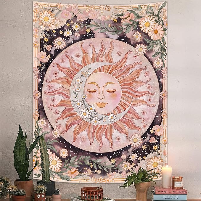 Neasow Sun Moon Daisy Tapestry, Boho Aesthetic Floral Wall Art, Pink Hippie Decor for Living Room Bedroom Home, Vertical 60x80 inches