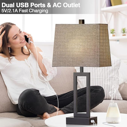 Rinweey 23.5" Touch Control Table Lamps Set of 2, Modern Bedside Lamps with USB A+C Ports & AC Outlet, 3 Way Dimmable Contemporary Nightstand Lamps for Bedroom Living Room Gray(LED Bulb Included)