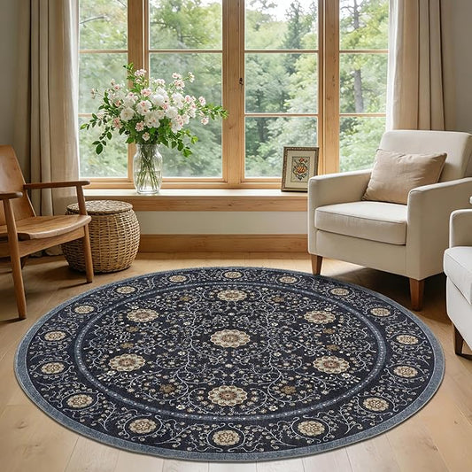 GarveeHome Boho Round Rugs 6ft for Living Room Non Slip, Vintage Botanical Circle Rug Washable Area Rug for Dining Room Stain Resistant, Low Pile Soft Blue Circular Carpet for Nursery Kitchen