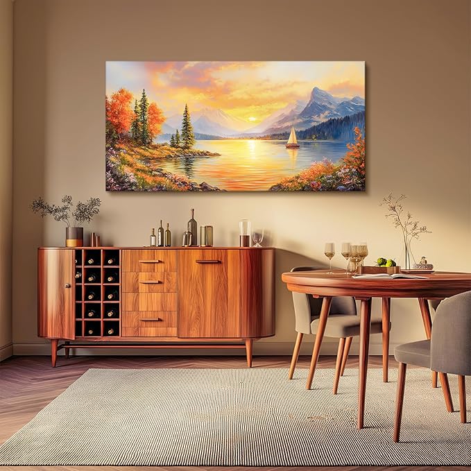SERIMINO Autumn Landscape Wall Art, Lake Sunset Canvas Extra Large Artwork, Mountain Forest Boat Nature Art Prints, Modern Wall Pictures for Living Room Bedroom, Rustic Farmhouse Wall Decor 29"X57"