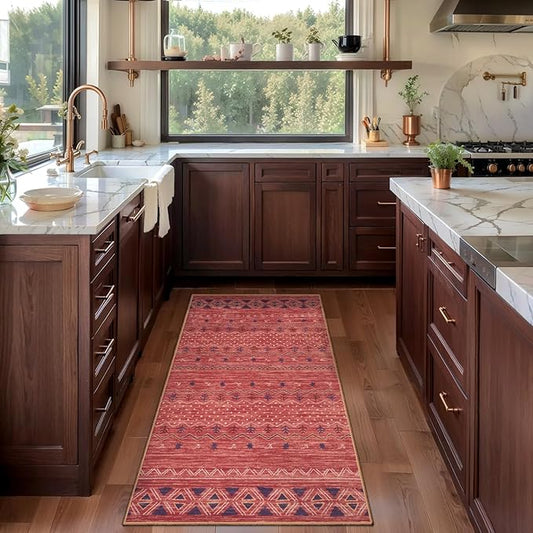 SERISSA 2x4 Rugs for Entryway, Washable Non-Slip Kitchen Runner Rug Small Red Ochre Rug, Soft Low-Pile Boho Geometric Door Mat Indoor Entrance Front Door Carpet for Bedroom Bathroom