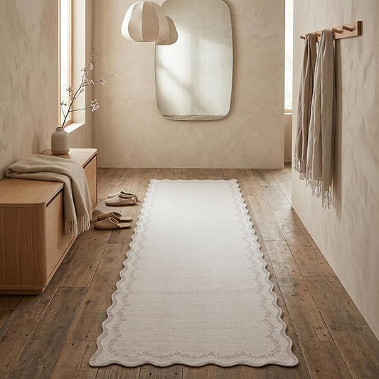 GarveeHome 2.6x10 Scalloped Washable Runner Rug for Kitchen, Soft Beige Long Hallway Runner Non Slip Entryway Rug Farmhouse Thin Laundry Mat Stain Resistant Carpet for Bathroom Beside Rug