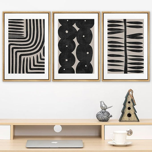 SIGNLEADER Framed Canvas Print Wall Art Set Geometric Black Paint Stroke Patterns Abstract Shapes Illustrations Modern Art Decorative Contemporary for Living Room, Bedroom, Office - 16"x24"x3 NATURAL