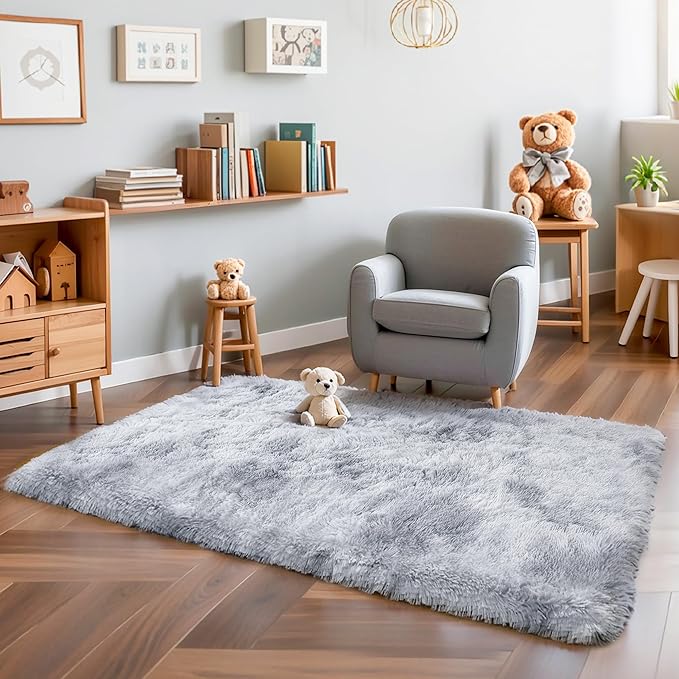 KICHOWUA Thick Area Rug 5x7 Light Grey Fluffy Shag for Bedroom, Ultra Soft Plush Fuzzy Washable Thickened Non Slip Carpet, Cozy Furry Shaggy Rug for Living Room Kids Nursery Dorm Room, Tie-Dye Gray