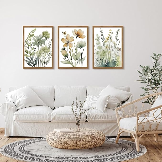 Sage Green Botanical Wall Art Boho Floral Wall Decor Minimalist Plant Canvas Pictures Flower Botanical Prints Watercolor Wildflower Poster Painting for Bathroom Bedroom 12x16x3 Inch Wood Frame