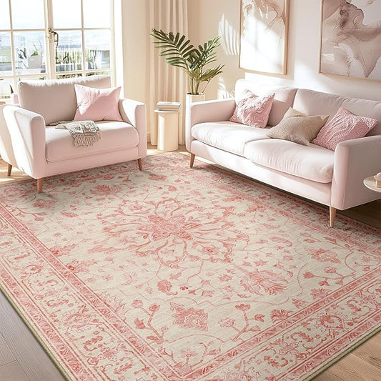RELEANY Area Rugs 5'x7' Washable Non-Slip, Floral Vintage Distress Print Pattern Medallion Carpet for Living Room Bedroom Dining Room, Pink Light Vintage Pink