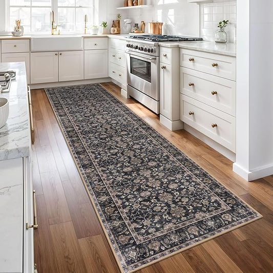 KUTA Vintage Washable Runner Rug, 2.6x10 Brown Runners for Hallways Non-Slip Kitchen Rugs Ultra Thin Soft Printed Distressed Oriental Floral Floor Carpet for Laundry Living Room Nursery