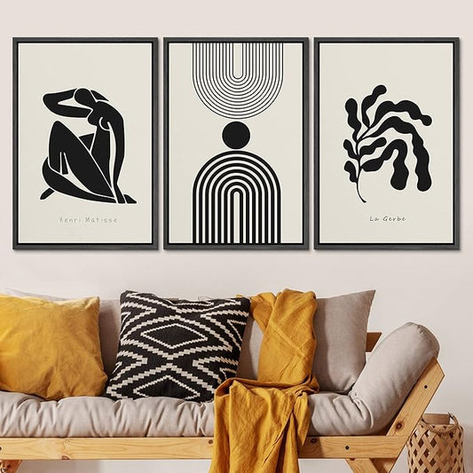 SIGNLEADER Framed Canvas Print Wall Art Set Duotone Matisse Dancer Flower Plant Collage Abstract Shapes Illustrations Modern Art Boho Decorative for Living Room, Bedroom, Office - 24"x36"x3 BLACK