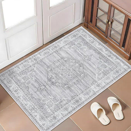 Washable Area Rugs 2x3 Entryway: Soft Ultra Thin Low Pile Mat Machine Washable Indoor Doormat Lightweight Entry Rug Anti Slip Backing Rugs for Living Room Bedroom Kitchen 2'x3' Light Grey