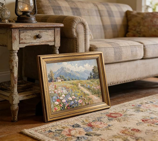 Vintage Gold Framed Colorful Wildflowers Canvas Wall Art, Mountain Landscape Poster Print Artwork, Nature Scenery Painting Picture Wall Decor, for Living Room, Bedroom, Home Decoration, 9x11in
