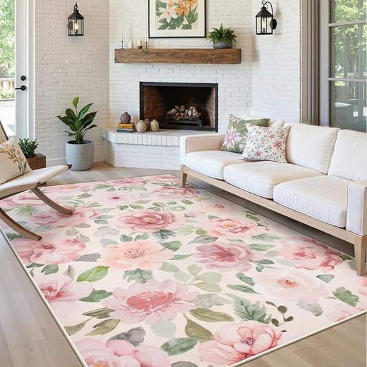 Lahome Floral Nursery Rug 5x7 Area Rugs,Soft Boho Pink Rugs for Bedroom Girls,Low Pile Large Living Room Rug, Home Decor Carpet for Dining Room Kids Playroom Farmhouse, Beige/Multi