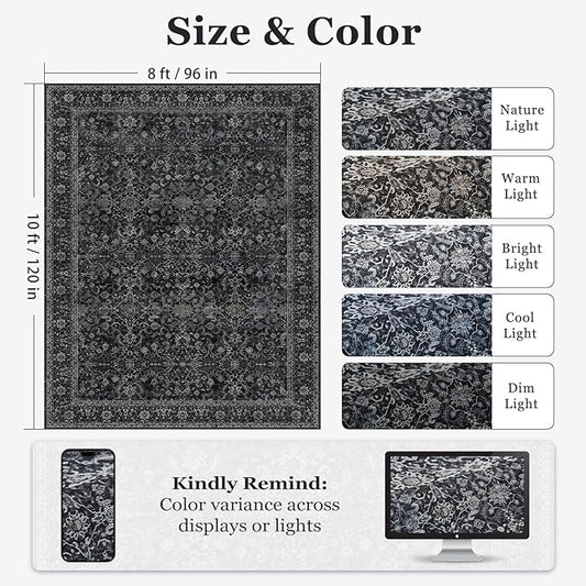 Vintage Dark 8x10 Area Rugs for Living Room, Retro Earth Tone Carpet Rug for Bedroom Dining Room, Low Pile Thin Washable Non Slip Room Carpet Rug for Home Office Guest Room Family Room