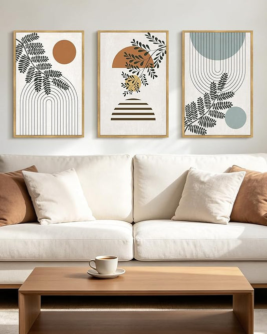 PHOPAGO Summer Boho Wall Art Large 16x24in Botanical Modern Framed Wall Prints Abstract Neutral Geometric Prints Bohemain Plants Decor for Farmhouse Home Office - Natural Framed